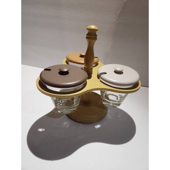 MCM Wood and Glass Retro 60S Lazy Susan Condiment Server Lids - Picture 5 of 10